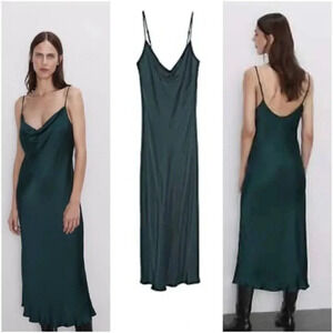 Zara emerald green midi cowl slip dress